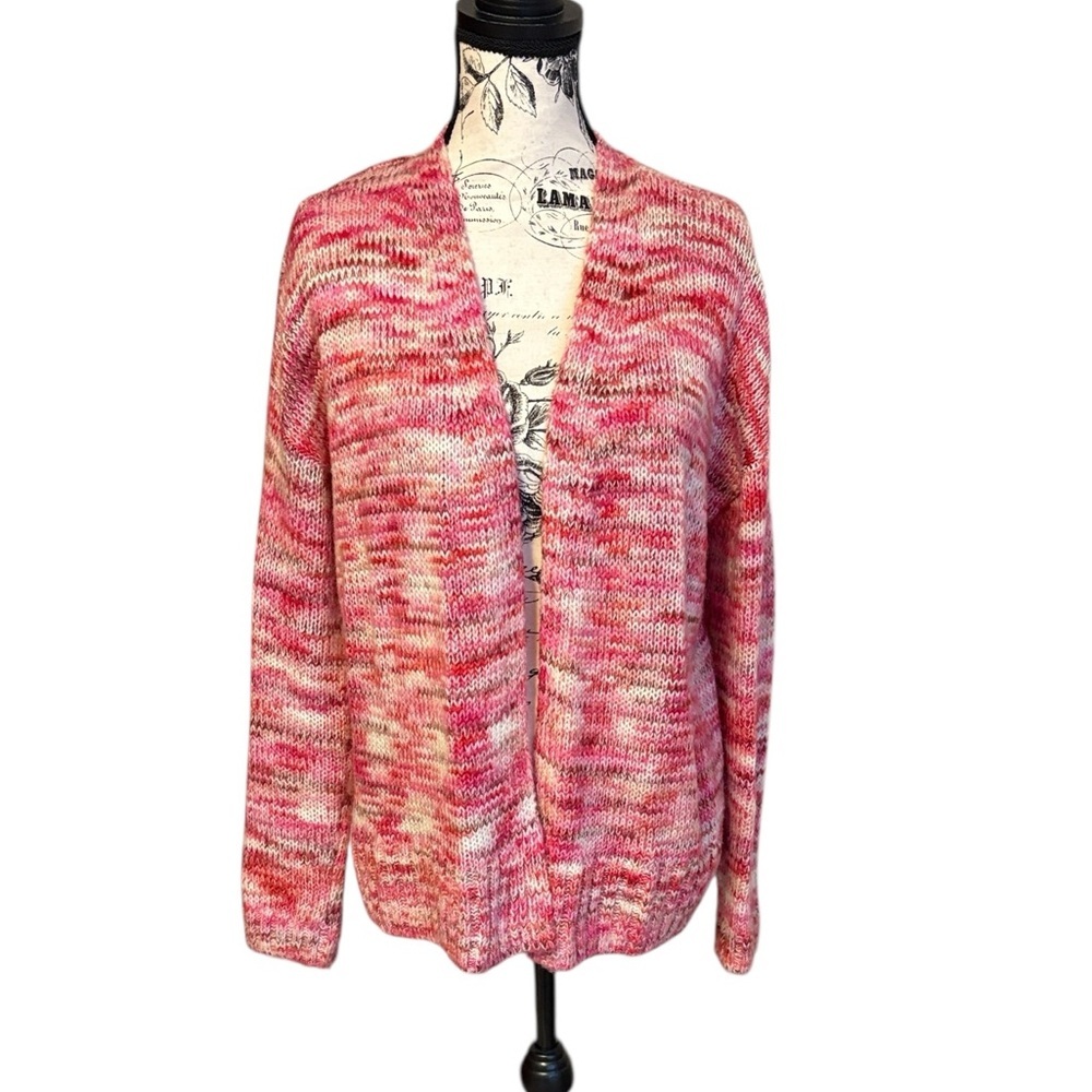 LOFT Multicolored Knit Cardigan Sweater Open Front Acrylic Pink and Cream Size M